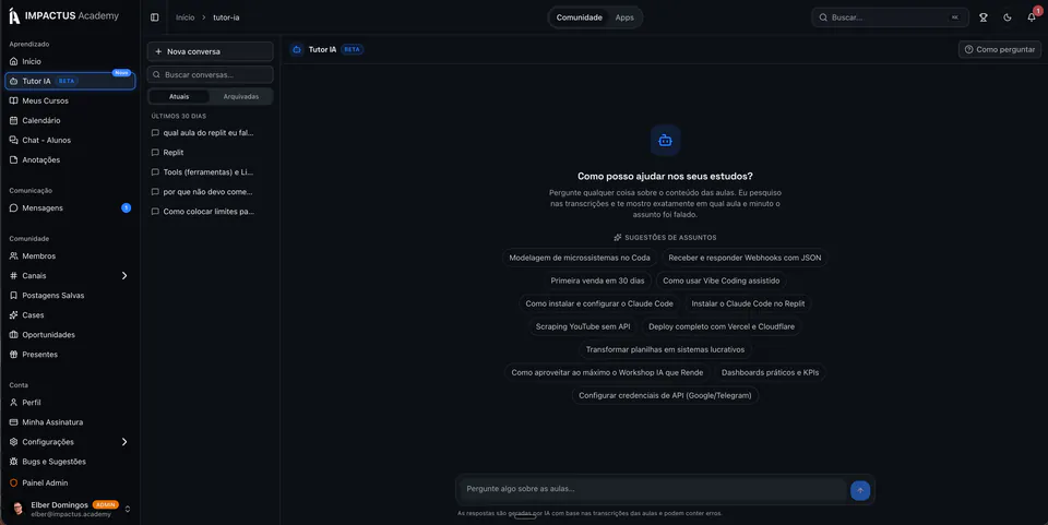 Tutor AI pesquisando a comunidade Impactus Academy
