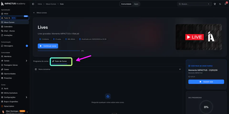 Tutor AI dentro de um curso